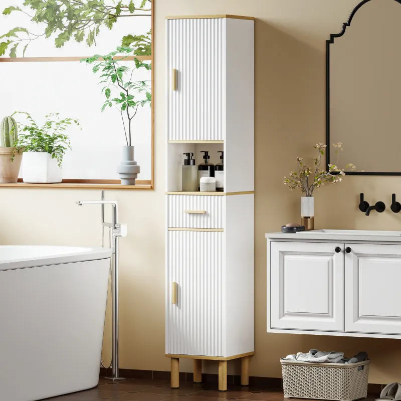Columna de Baño Estrecha con Estantes Ajustables Cajón Compartimento Abierto 31,5x29,7x171,5 cm Blanco - Ogal.Es