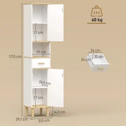 Columna de Baño Estrecha con Estantes Ajustables Cajón Compartimento Abierto 31,5x29,7x171,5 cm Blanco - Ogal.Es