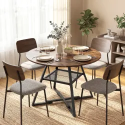 Mesa de Comedor Redonda para 4 Personas con Estante Marco Metálico para Sala de Estar Ø100x76 cm Marrón Rústico - Ogal.Es