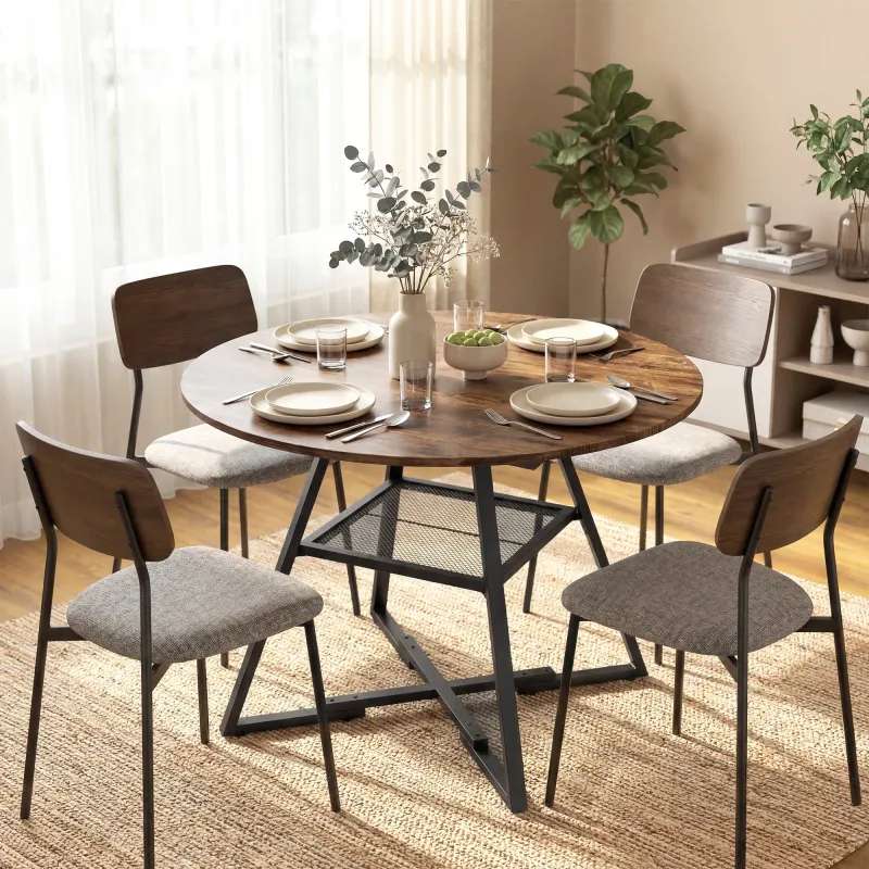 Mesa de Comedor Redonda para 4 Personas con Estante Marco Metálico para Sala de Estar Ø100x76 cm Marrón Rústico - Ogal.Es