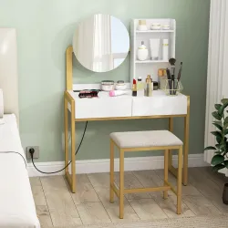 Tocador de Maquillaje con Espejo y Taburete Acolchado Estación de Carga 2 Cajones 3 Estantes para Dormitorio Blanco - Ogal.Es