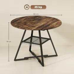 Mesa de Comedor Redonda para 4 Personas con Estante Marco Metálico para Sala de Estar Ø100x76 cm Marrón Rústico - Ogal.Es