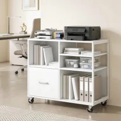 Mueble para Impresora con Ruedas Mesa para Impresora con Estantes Abiertos y Cajón para Documentos Tamaño A4 Blanco - Ogal.Es