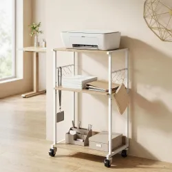 Soporte para Impresora de 3 Niveles con Ruedas Mueble para Impresora con Ganchos y Marco Metálico Madera Natural - Ogal.Es