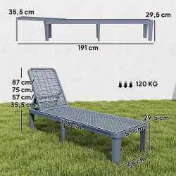 Tumbona Reclinable de Jardín Exterior con Respaldo Ajustable en 4 Posiciones y Marco de PP 191x55x35,5 cm Gris O... - Ogal.Es