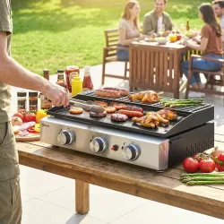 Barbacoa de Gas con 3 Quemadores 7,5 kW Barbacoa Portátil con Plancha Rejilla Calentadora y Recogedor Grasa Negro - Ogal.Es