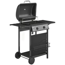 Barbacoa de Gas BBQ Gas con 2 Quemadores 5 kW Termómetro Mesas Laterales Estante Rejilla Calentadora 2 Ruedas Negro - Ogal.Es