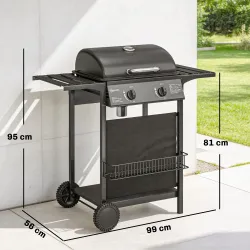 Barbacoa de Gas BBQ Gas con 2 Quemadores 5 kW Termómetro Mesas Laterales Estante Rejilla Calentadora 2 Ruedas Negro - Ogal.Es