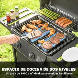 Barbacoa de Gas BBQ Gas con 2 Quemadores 5 kW Termómetro Mesas Laterales Estante Rejilla Calentadora 2 Ruedas Negro - Ogal.Es
