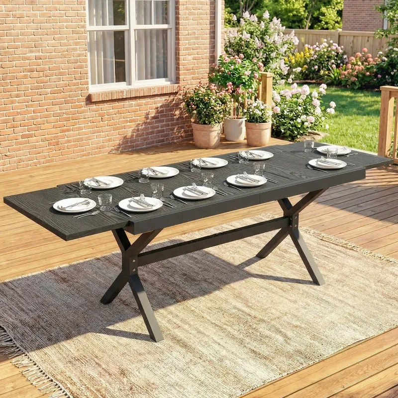 Mesa de Comedor Exterior Extensible 154/214 cm para 8-10 Personas de Aluminio Acero con Tapa Imitación Madera Gris - Ogal.Es