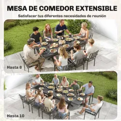 Mesa de Comedor Exterior Extensible 154/214 cm para 8-10 Personas de Aluminio Acero con Tapa Imitación Madera Gris - Ogal.Es