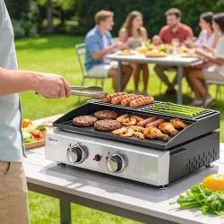 Barbacoa de Gas con 2 Quemadores 5 kW Barbacoa Portátil con Plancha Rejilla Calentadora y Recogedor Grasa Negro - Ogal.Es