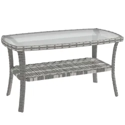 Mesa de Jardín Exterior Rectangular de Ratán con Estante Tablero de Vidrio Templado con Ondas 90x50x45 cm Gris O... - Ogal.Es