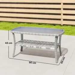 Mesa de Jardín Exterior Rectangular de Ratán con Estante Tablero de Vidrio Templado con Ondas 90x50x45 cm Gris O... - Ogal.Es