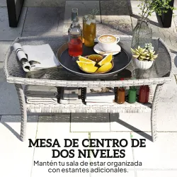 Mesa de Jardín Exterior Rectangular de Ratán con Estante Tablero de Vidrio Templado con Ondas 90x50x45 cm Gris O... - Ogal.Es