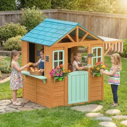 Casita Infantil Exterior e Interior de Madera con Barra de Snack Maceteros Pizarra Ventanas Tela para Tiro y 4 P... - Ogal.Es