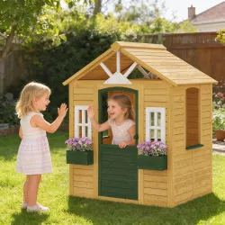 Casita Infantil Exterior e Interior de Madera Casita Infantil con 2 Maceteros 3 Ventanas Puerta para 3-8 Años Ma... - Ogal.Es