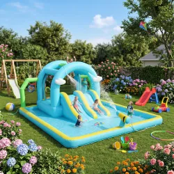 Castillo Hinchable Acuático 7 en 1 con Soplador 2 Toboganes Trampolín Piscina Canasta Columna de Boxeo 426x360x1... - Ogal.Es
