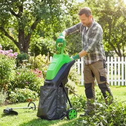 Trituradora de Ramas Eléctrica 2500W con 2 Cuchillas Reversibles hasta Ø44 mm de Ramas Bolsa 45L Ruedas Verde - Ogal.Es