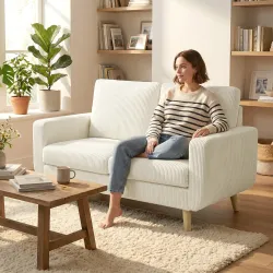 Sofá de 2 Plazas de Pana 134 cm con Patas de Madera Respaldo Grueso Sofá Moderno para Salón Dormitorio Crema - Ogal.Es
