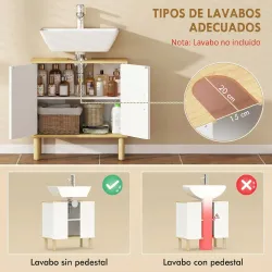 Mueble Bajo Lavabo con Estante Ajustable Armario para Lavabo sin Pedestal con Puertas Acanaladas 60x30x61 cm Blanco - Ogal.Es