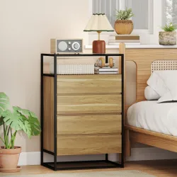 Cómoda Dormitorio con 4 Cajones Superficie de Vidrio Templado Estante Abierto Estructura de Acero 60x40x94,5 cm ... - Ogal.Es