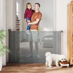 Barrera de Seguridad para Perros Retráctil Extensible hasta 140 cm de Ancho para Escaleras y Puertas Gris - Ogal.Es