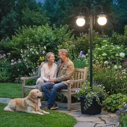 Farola Solar Exterior de Jardín con Macetero 2 Cabezales Impermeable IP44 Encendido/Apagado Automático Altura Aj... - Ogal.Es