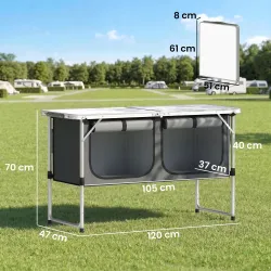Mesa de Cocina de Camping Plegable con Armario de Tela Oxford Marco de Aluminio para Picnic 120x47x70 cm Plateado - Ogal.Es