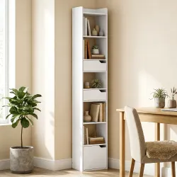 Estantería para Libros con 2 Cajones y Puerta Librería Estrecha con 6 Estantes Abiertos 32x24x181,5 cm Blanco - Ogal.Es