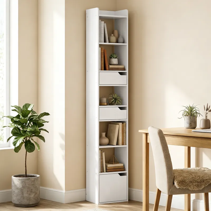 Estantería para Libros con 2 Cajones y Puerta Librería Estrecha con 6 Estantes Abiertos 32x24x181,5 cm Blanco - Ogal.Es