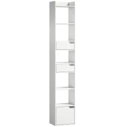 Estantería para Libros con 2 Cajones y Puerta Librería Estrecha con 6 Estantes Abiertos 32x24x181,5 cm Blanco - Ogal.Es