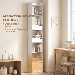 Estantería para Libros con 2 Cajones y Puerta Librería Estrecha con 6 Estantes Abiertos 32x24x181,5 cm Blanco - Ogal.Es