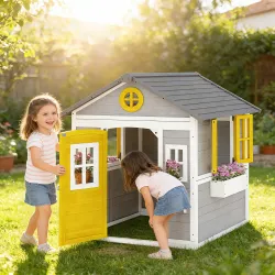 Casita Infantil Exterior e Interior de Madera con Puerta Ventanas Jardineras y Soportes de Flores Gris - Ogal.Es