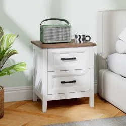 Mesilla de Noche con 2 Cajones Estilo Rústico Mesita para Salón Dormitorio 45x30x50 cm Blanco - Ogal.Es