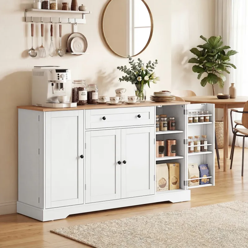 Aparador de Cocina con Cajón Estantes en las Puertas Estantes Ajustables Barra de Café 138x40x83,5 cm Blanco - Ogal.Es