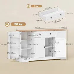 Aparador de Cocina con Cajón Estantes en las Puertas Estantes Ajustables Barra de Café 138x40x83,5 cm Blanco - Ogal.Es
