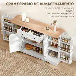 Aparador de Cocina con Cajón Estantes en las Puertas Estantes Ajustables Barra de Café 138x40x83,5 cm Blanco - Ogal.Es