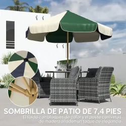 Sombrilla Terraza Exterior Ø2,3 m con Marco de Efecto Madera Polea con Cuerda Dosel Bicolor UPF30+ Verde Oscuro - Ogal.Es