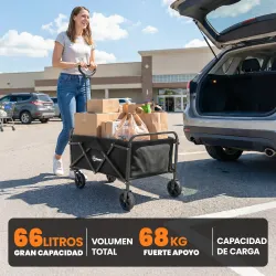 Carro de Jardín Plegable con Ruedas Mango Ajustable Carga 68 kg para Campaña Compra 81x45x89 cm Negro - Ogal.Es