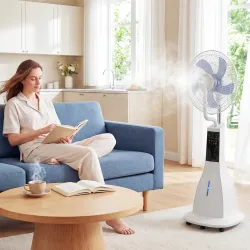 Ventilador Nebulizador 90W Oscilación de 75° 3 Velocidades 5 Aspas Depósito de Agua de 3L 5 Ruedas Control Remoto - Ogal.Es