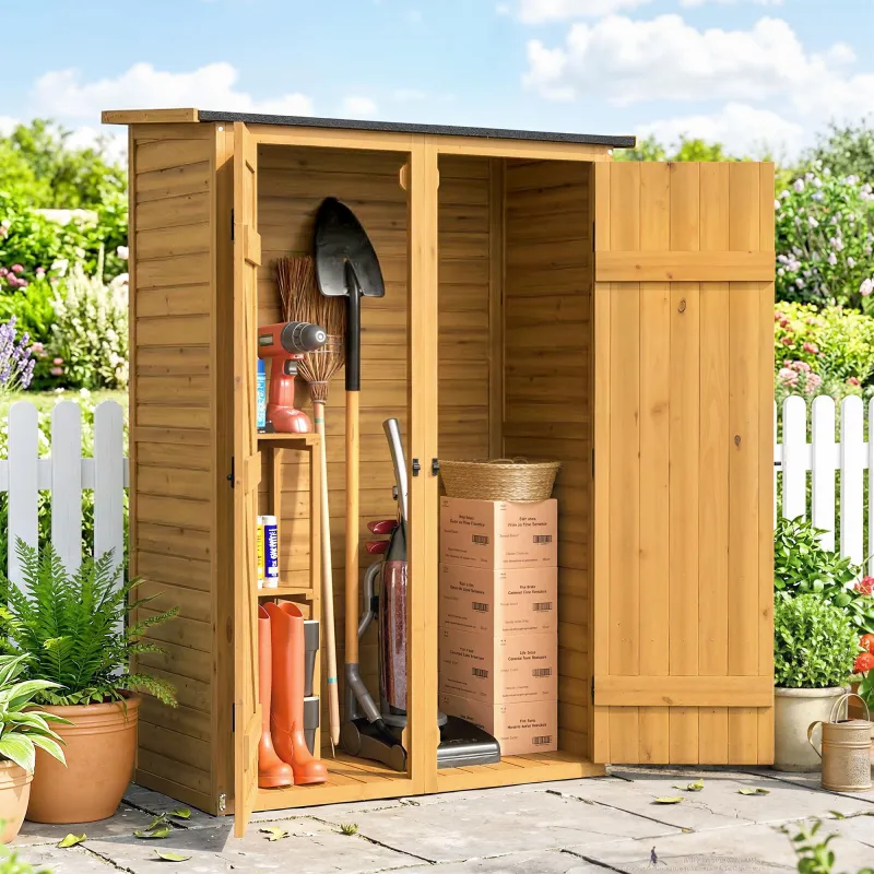 Caseta de Jardín de Madera 115x53x156 cm Armario para Herramientas con Puertas Dobles y Estantes Techo Inclinado... - Ogal.Es