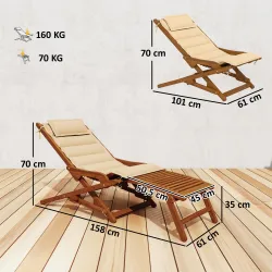 Tumbona Silla Plegable de Madera con Reposapiés Desmontable y Cojín con Reposacabezas Carga 160 kg 158x61x70 cm ... - Ogal.Es