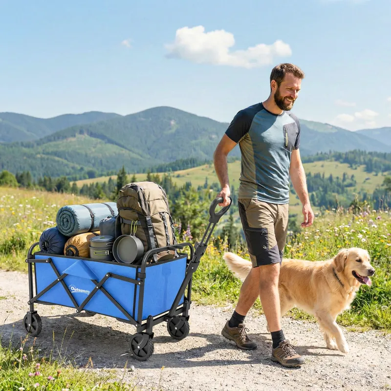Carro de Jardín Plegable con Ruedas Mango Ajustable Carga 68 kg para Campaña Compra 81x45x89 cm Azul - Ogal.Es