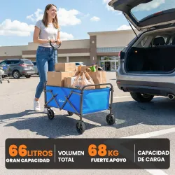 Carro de Jardín Plegable con Ruedas Mango Ajustable Carga 68 kg para Campaña Compra 81x45x89 cm Azul - Ogal.Es