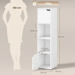 Estantería para Libros con 2 Puertas Librería Estrecha de 4 Niveles con 2 Estantes Abiertos 30x29x119 cm Blanco - Ogal.Es