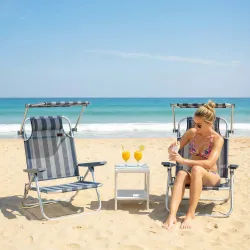 Juego de 2 Sillas de Playa Plegables con Dosel Ajustable Respaldo Reclinable 6 Posiciones Reposacabezas Azul y B... - Ogal.Es