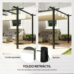 Pérgola de Jardín 4x3 m con Techo Retráctil Estructura de Aluminio UPF30+ Orificios de Drenaje Pabellón Exterior... - Ogal.Es