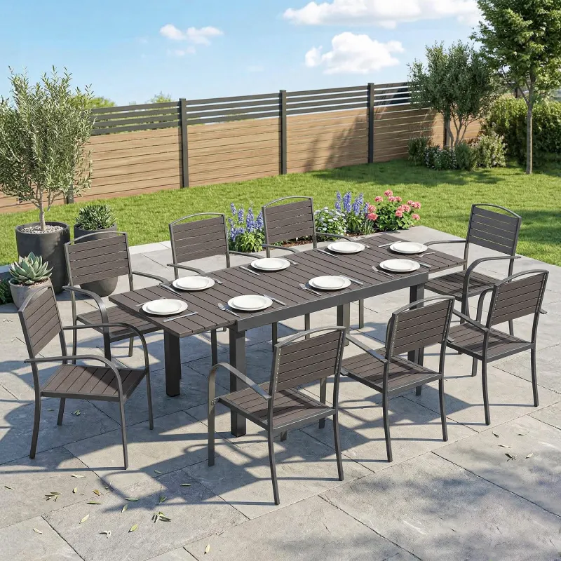 Conjunto de Mesa y Sillas Jardín con Mesa Extensible Marco de Aluminio 8 Sillas y Tablero de Lamas de Madera Plá... - Ogal.Es