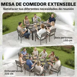 Conjunto de Mesa y Sillas Jardín con Mesa Extensible Marco de Aluminio 8 Sillas y Tablero de Lamas de Madera Plá... - Ogal.Es